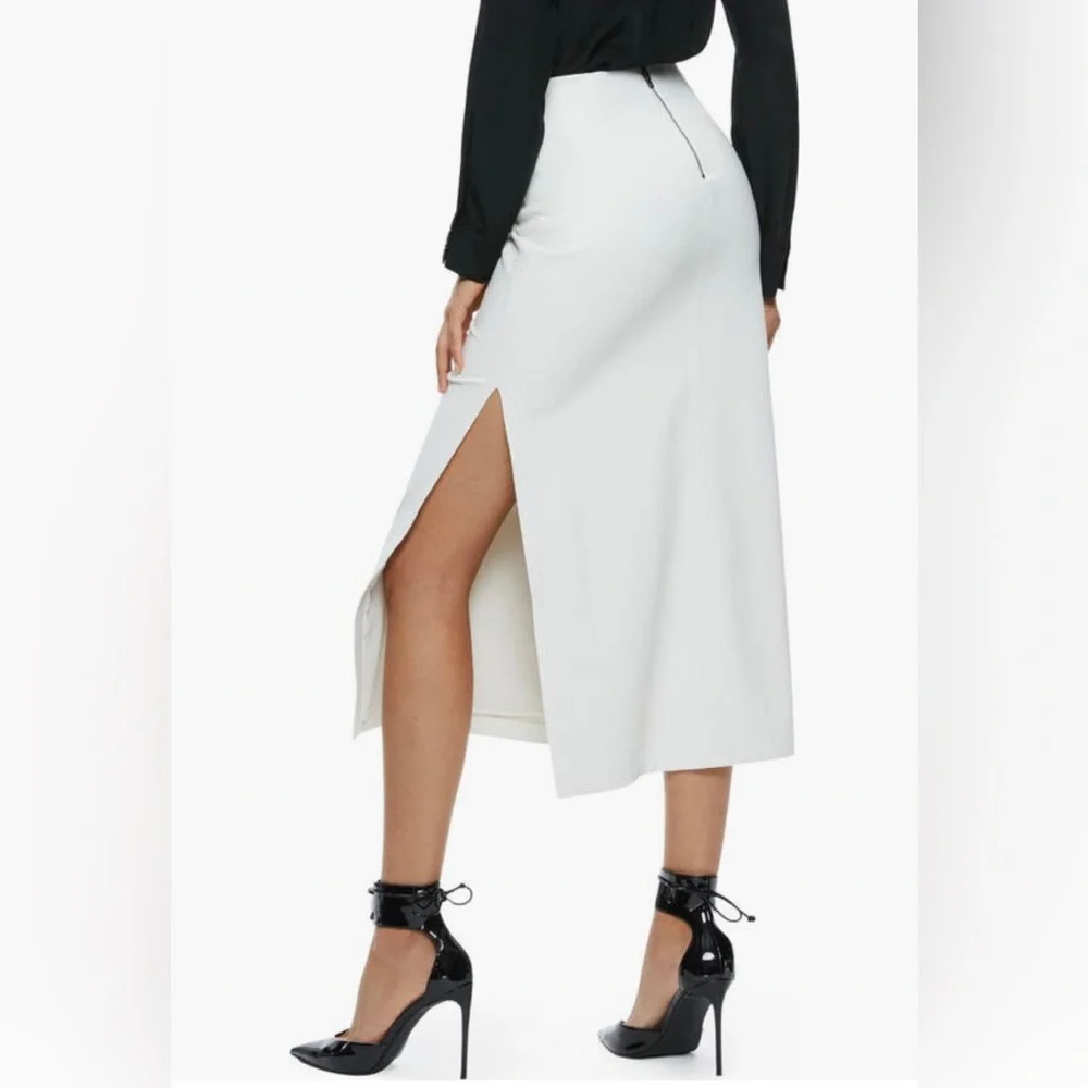 NWT $295 Alice + Olivia Maeve Back Slit Faux Leather Midi Skirt in Off White!